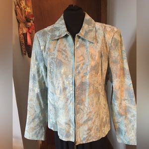 Pamela McCoy Zip Front Leather Jacket Size Large Aqua with Gold Foil Feathers